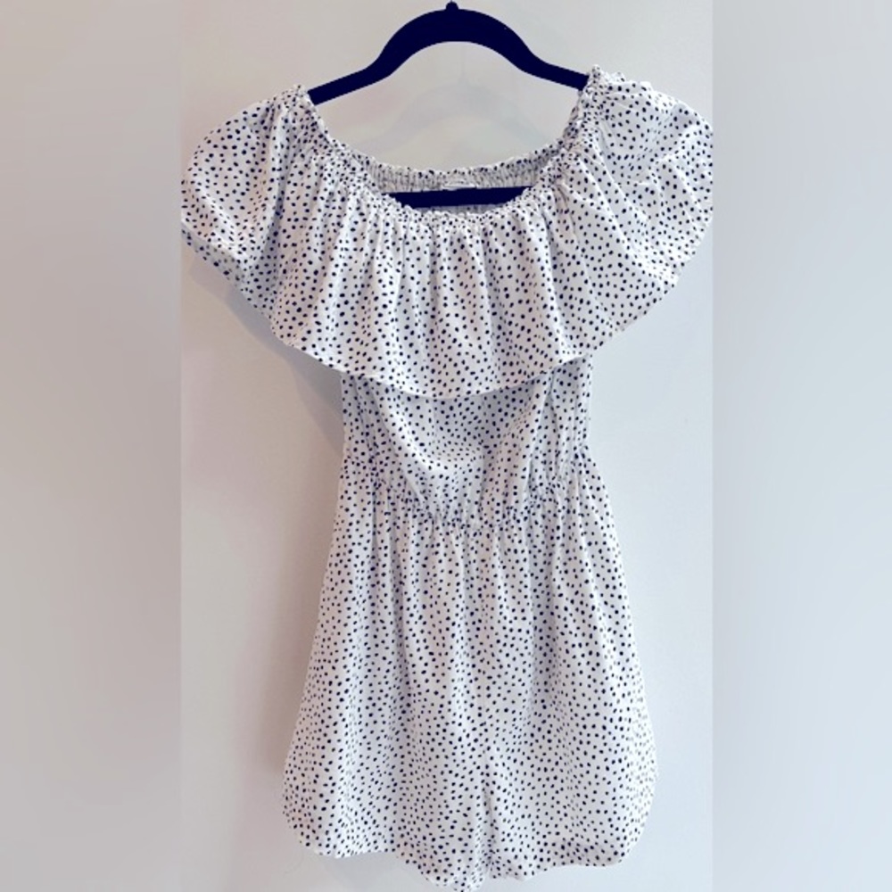 Pimkie White Black Polka Dot Romper Off the Shoulder